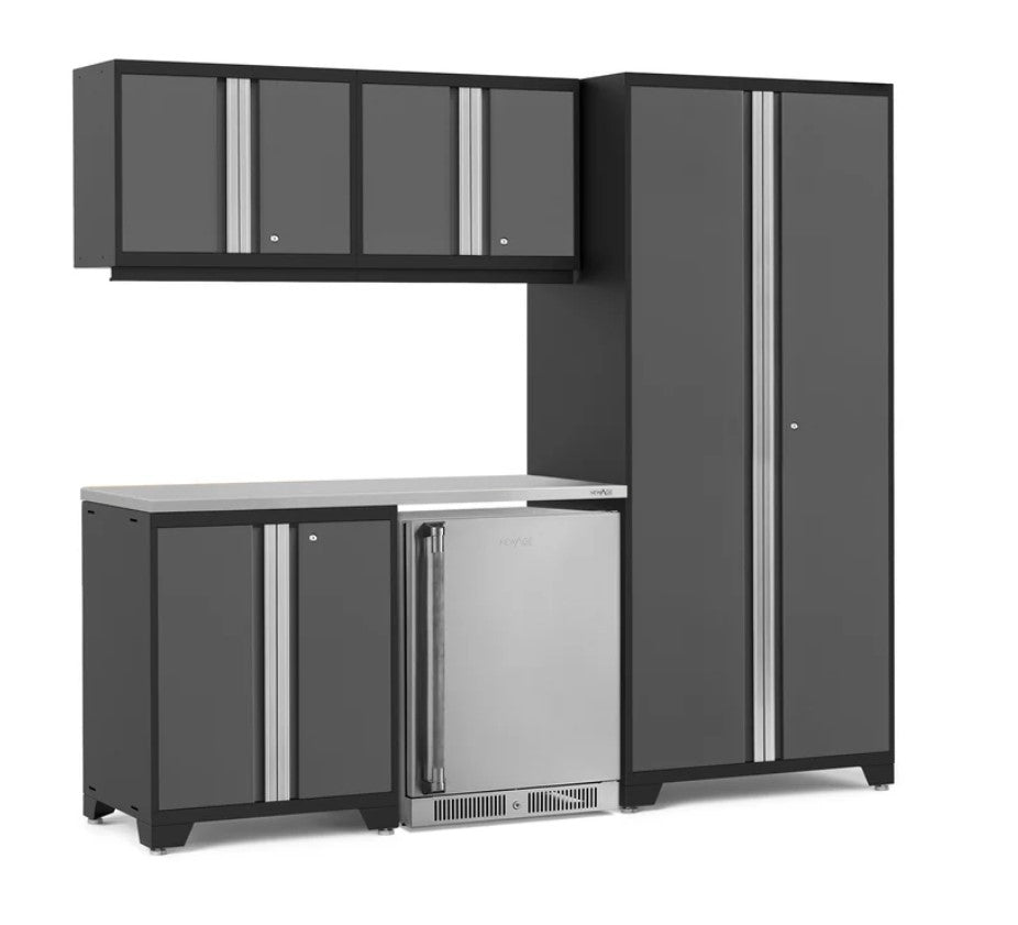 Ensemble de 6 armoires Pro Series avec base, armoire murale, casier et réfrigérateur à porte en acier inoxydable