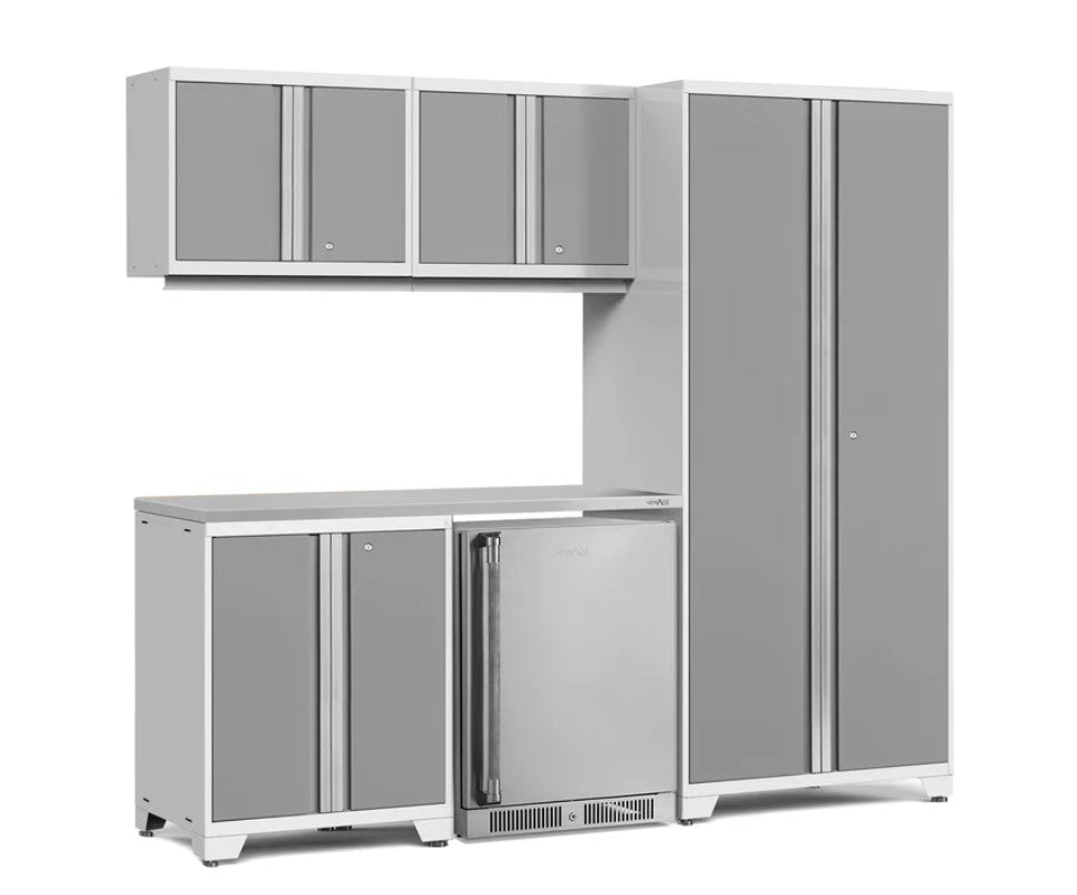 Ensemble de 6 armoires Pro Series avec base, armoire murale, casier et réfrigérateur à porte en acier inoxydable