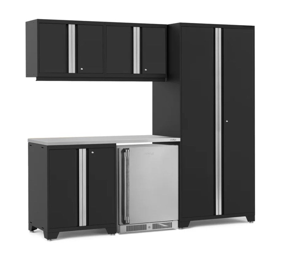 Ensemble de 6 armoires Pro Series avec base, armoire murale, casier et réfrigérateur à porte en acier inoxydable