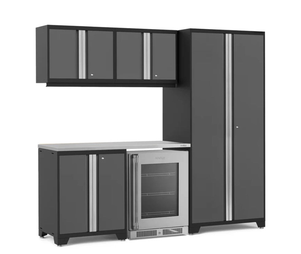 Ensemble de 6 armoires Pro Series avec base, armoire murale, casier et réfrigérateur à porte vitrée