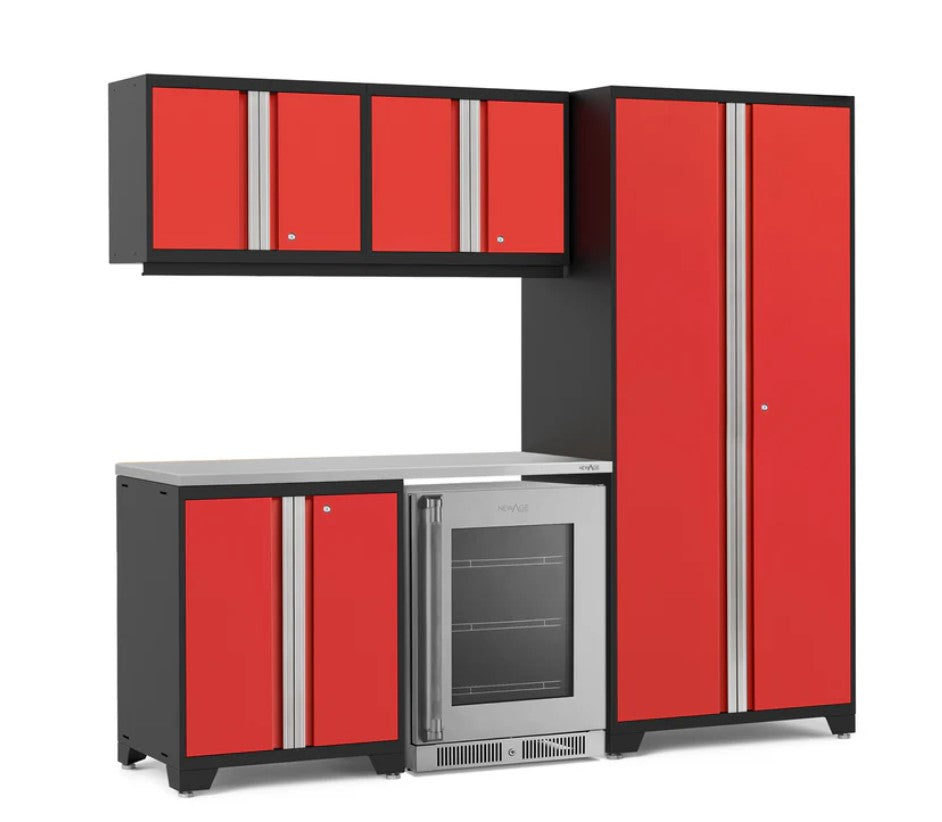 Ensemble de 6 armoires Pro Series avec base, armoire murale, casier et réfrigérateur à porte vitrée