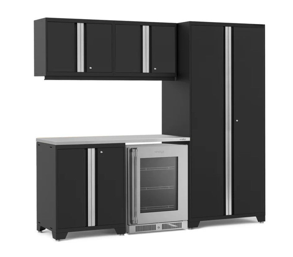 Ensemble de 6 armoires Pro Series avec base, armoire murale, casier et réfrigérateur à porte vitrée