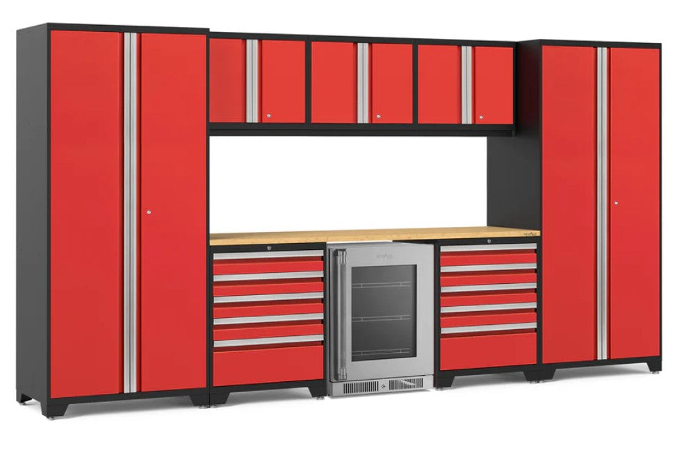 Ensemble de 9 armoires Pro Series avec mur, tiroir à outils, casiers et réfrigérateur à porte vitrée