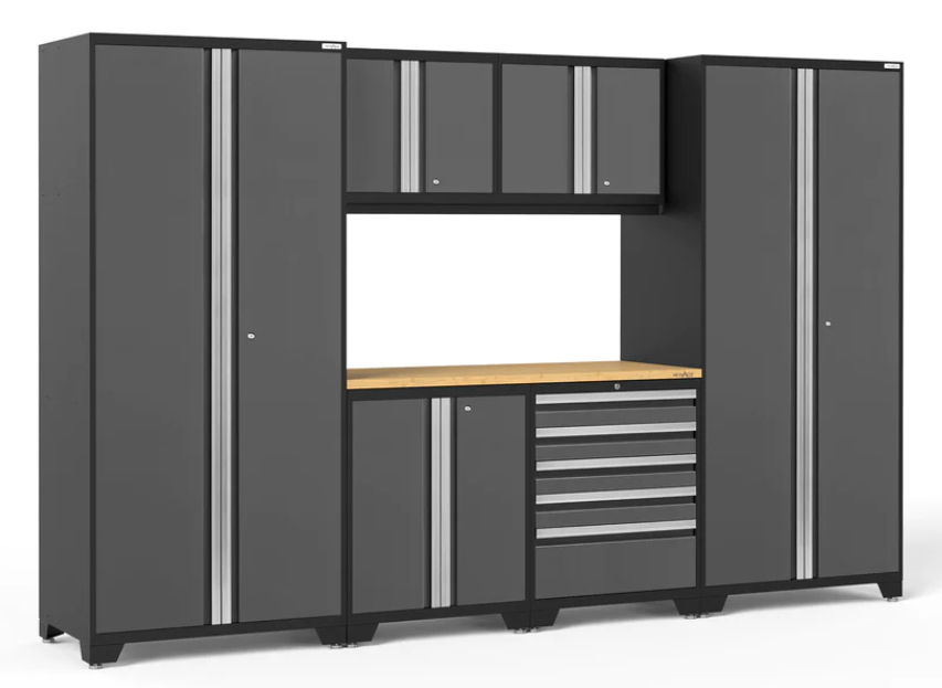 Ensemble d'armoires Pro Series 7 pièces avec base, mur, tiroir à outils, casiers et plan de travail de 56 po