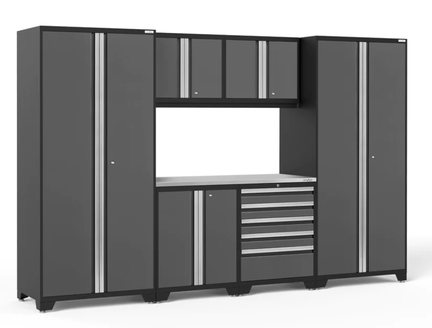 Ensemble d'armoires Pro Series 7 pièces avec base, mur, tiroir à outils, casiers et plan de travail de 56 po