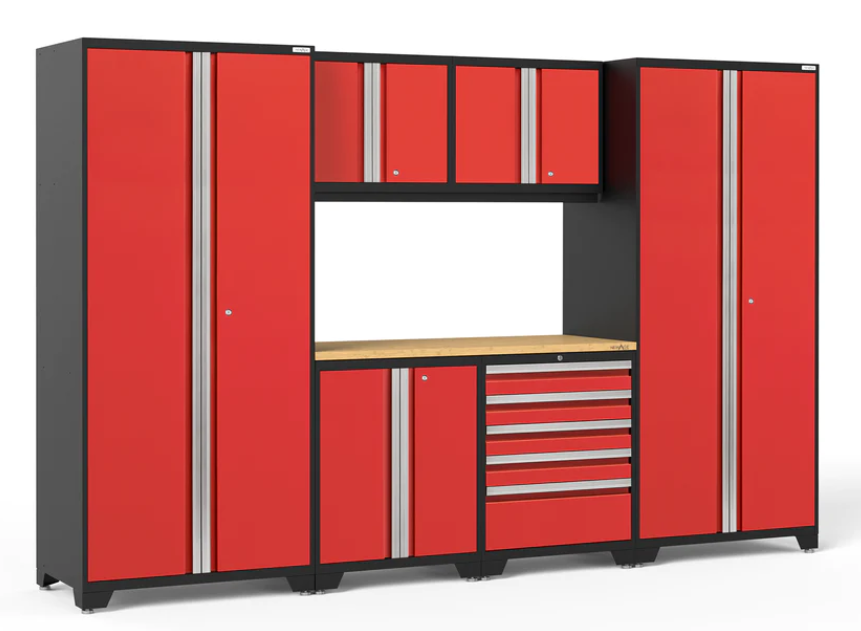 Ensemble d'armoires Pro Series 7 pièces avec base, mur, tiroir à outils, casiers et plan de travail de 56 po