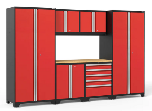 Ensemble d'armoires Pro Series 7 pièces avec base, mur, tiroir à outils, casiers et plan de travail de 56 po