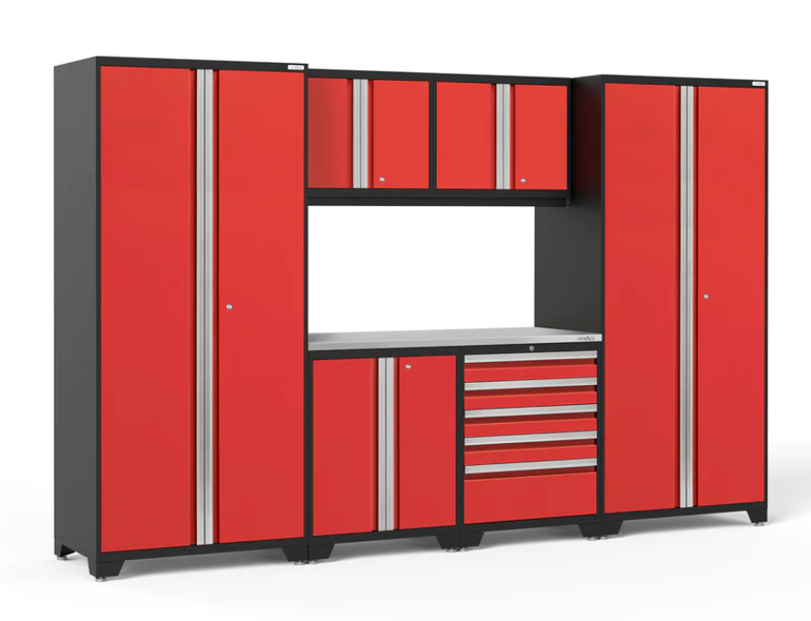 Ensemble d'armoires Pro Series 7 pièces avec base, mur, tiroir à outils, casiers et plan de travail de 56 po
