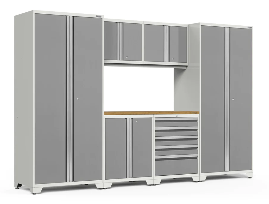 Ensemble d'armoires Pro Series 7 pièces avec base, mur, tiroir à outils, casiers et plan de travail de 56 po