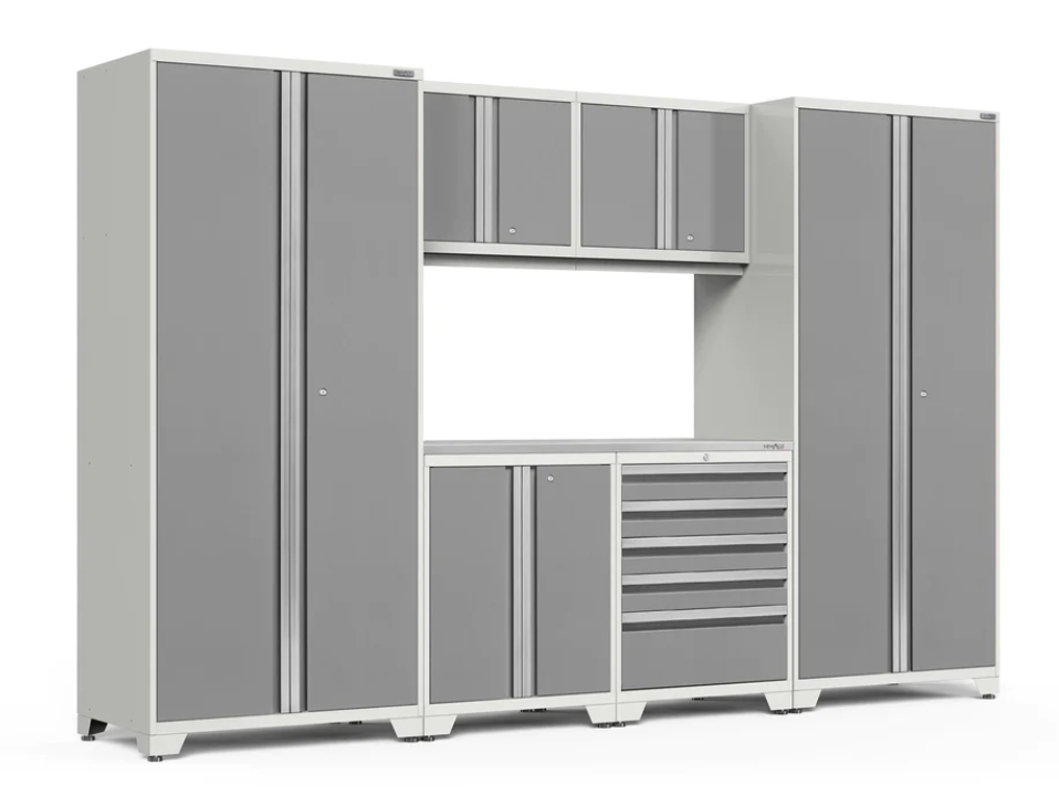 Ensemble d'armoires Pro Series 7 pièces avec base, mur, tiroir à outils, casiers et plan de travail de 56 po