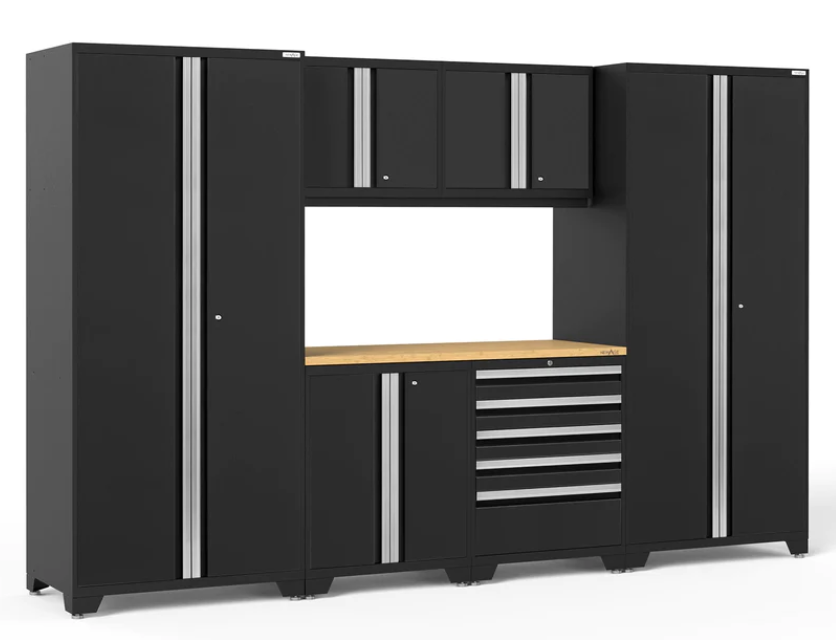 Ensemble d'armoires Pro Series 7 pièces avec base, mur, tiroir à outils, casiers et plan de travail de 56 po