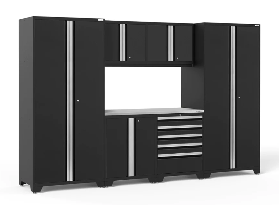 Ensemble d'armoires Pro Series 7 pièces avec base, mur, tiroir à outils, casiers et plan de travail de 56 po