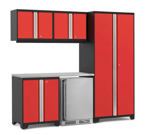 Ensemble de 6 armoires Pro Series avec base, armoire murale, casier et réfrigérateur à porte en acier inoxydable