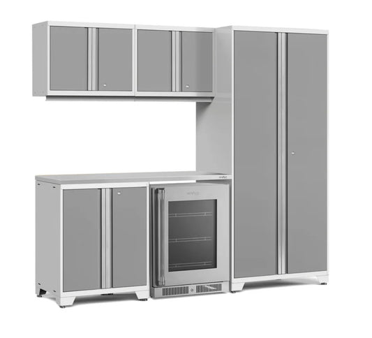 Ensemble de 6 armoires Pro Series avec base, armoire murale, casier et réfrigérateur à porte vitrée
