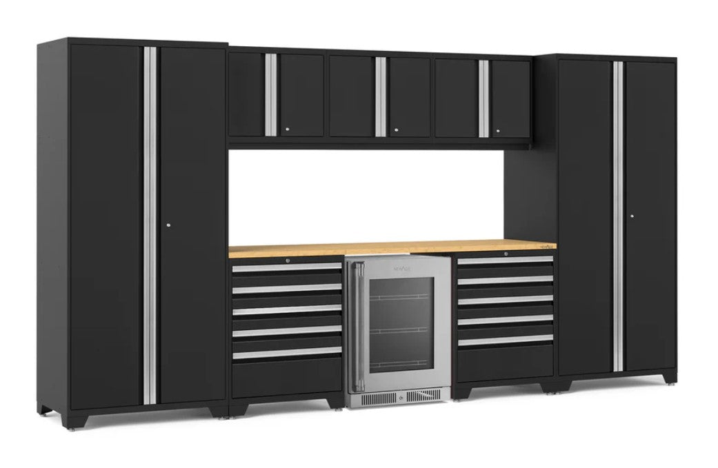 Ensemble de 9 armoires Pro Series avec mur, tiroir à outils, casiers et réfrigérateur à porte vitrée