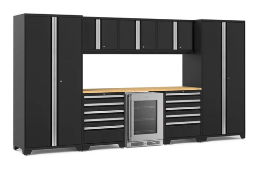 Ensemble de 9 armoires Pro Series avec mur, tiroir à outils, casiers et réfrigérateur à porte vitrée